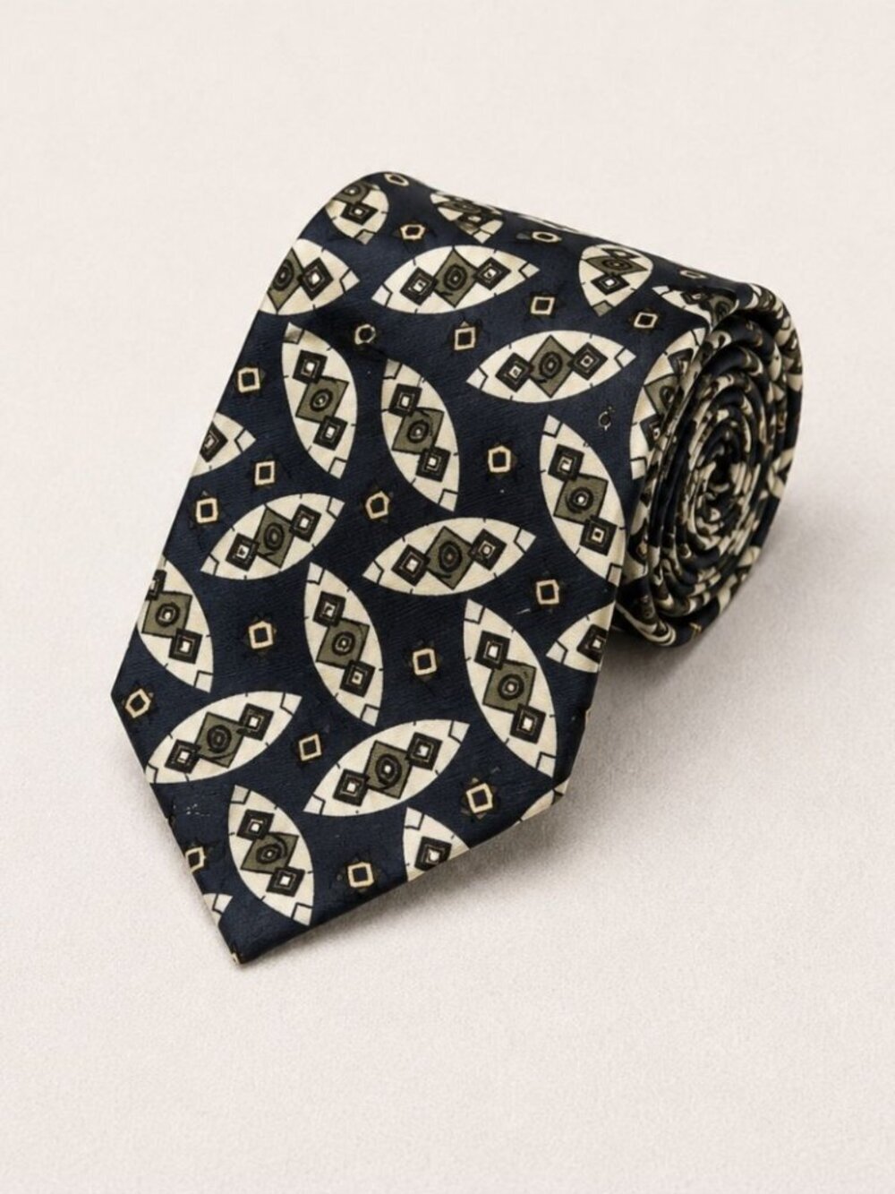 Bill Blass Silk Tie Black Ivory Geometric Abstract Vintage Designer Necktie